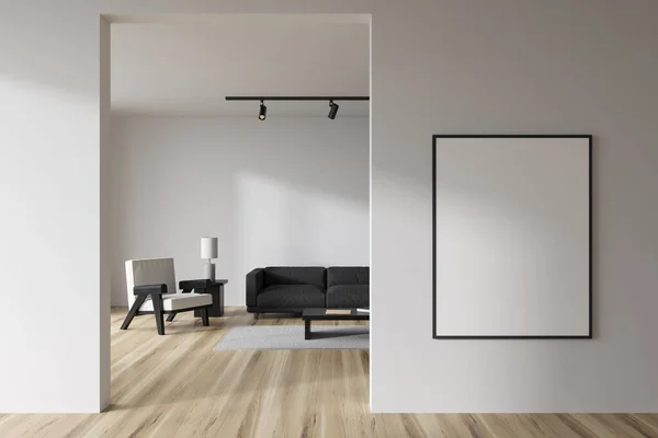 Frontansicht Auf Helle Wohnzimmereinrichtung Mit Leerem Weißen Poster Couchtisch Sofa — Stockfoto