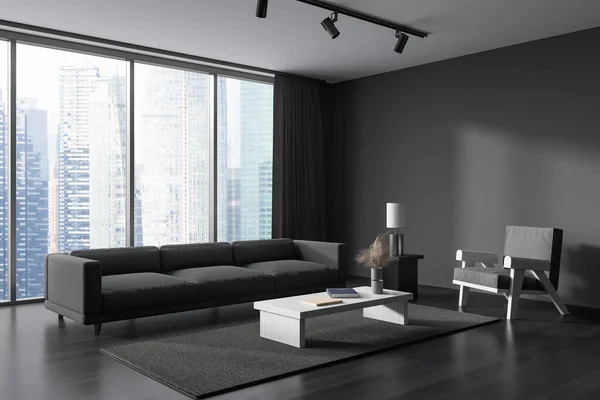 Corner view on dark living room interior with empty grey wall, panoramic window, coffee table, sofa, armchairs, carpet, books, wooden floor. Concept of minimalist design. 3d rendering