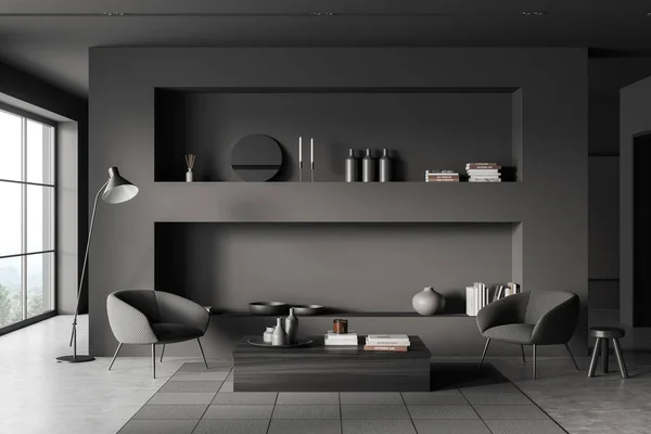 Dark living room interior with two armchairs, shelf and coffee table with decoration, carpet on grey concrete floor. Panoramic window on countryside. 3D rendering