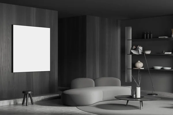 黑暗的客厅内部 沙发和咖啡桌在地毯上 灰色混凝土地板 冷柜角落和架子与装饰 侧视图 造型正方形海报 3D渲染 — 图库照片