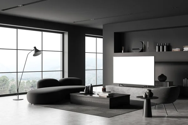 Dark Living Room Interior Sofa Armchair Stand Shelf Art Decoration — Stock Photo, Image