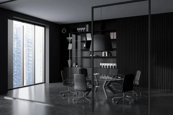 Vista Esquina Interior Oficina Oscura Con Ventanas Panorámicas Con Vista — Foto de Stock