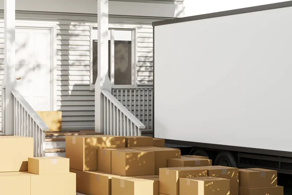 模拟复制空间送货车与房子 纸板箱在门口的台阶 搬家和搬迁的概念 3D渲染 — 图库照片