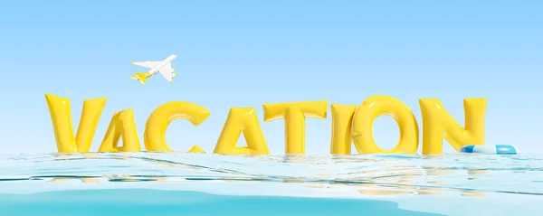 假期橡胶字母在水里 飞机在蓝天 海上旅行和度假的概念 3D渲染 — 图库照片