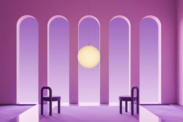紫色抽象客厅内部有两把椅子和大黄灯 全景拱窗 会议空间的概念 3D渲染 — 图库照片