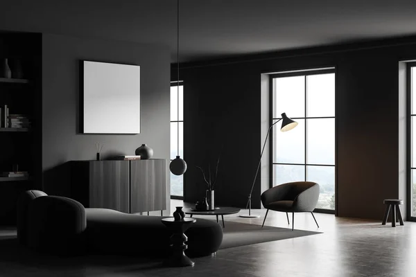 포스터가 어두운 내부의 파노라마 테이블 책꽂이 콘크리트 미니멀리즘적 디자인의 렌더링 — 스톡 사진