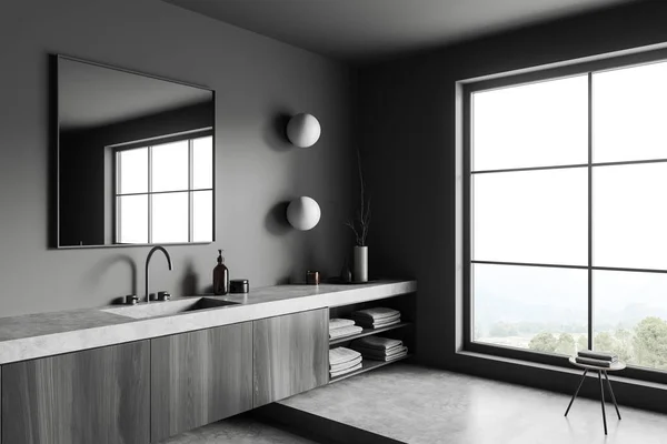 Karanlık Banyo Içi Lavabo Ayna Yan Görüş Gri Beton Kürsüde — Stok fotoğraf