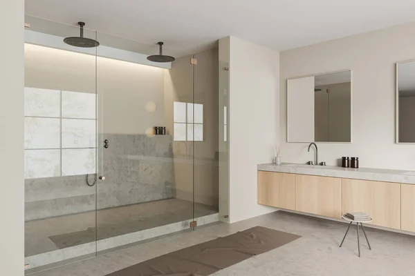 ダブルシャワー付きベージュのバスルームのインテリアと正方形のミラー サイドビュー ガラスのドアでシンクします 灰色のコンクリート床の上のスツールと足のタオル 3Dレンダリング — ストック写真