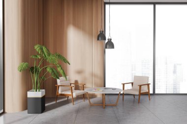 Modern ofis bekleme odasının içinde ahşap duvarlar, fayanslı döşemeler, iki rahat koltuk ve yuvarlak kahve masası. 3d oluşturma