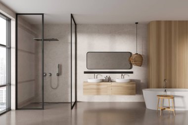 Modern banyo, beyaz ve ahşap duvarlar, beton zemin, rahat küvet, cam duş kabini ve büyük aynalı çift lavabo. 3d oluşturma