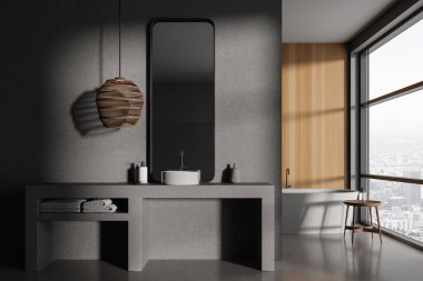Lavabo, küvet, bölme ve panoramik pencereli karanlık banyo. Minimalist tasarımı olan modern ev banyosu. 3B görüntüleme
