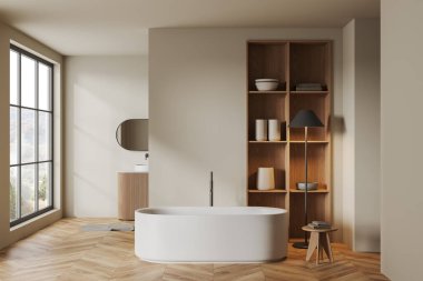 Modern banyo, bej duvarlar, ahşap zemin, rahat küvet ve arka planda oval ayna olan yuvarlak lavabo. 3d oluşturma