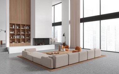 Beyaz ve ahşap duvarları, beton zemini, rahat beyaz kanepesi, kahve masası ve şöminesi olan modern oturma odasının köşesi. 3d oluşturma