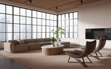Modern oturma odasının köşesinde bej duvarlar, beton zemin, şömine, rahat kanepe, koltuklar ve yuvarlak kahve masası. 3d oluşturma