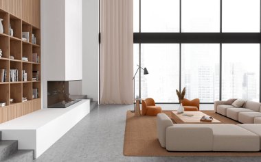 Beyaz ve ahşap duvarları, beton zemini, rahat beyaz kanepesi, sehpası ve şöminesi olan modern oturma odasının içi. 3d oluşturma