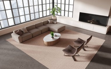 Çağdaş oturma odası, bej duvarlar, beton zemin, şömine, rahat kanepe, koltuklar ve yuvarlak kahve masası. 3d oluşturma