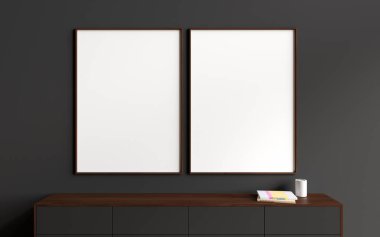 Karanlık oturma odasının içi ahşap büfe ve şık sanat dekorasyonlarıyla dolu kitaplar, minimalist İskandinav tasarımı. Sıraya dizilmiş iki tane tuval posteri. 3B görüntüleme