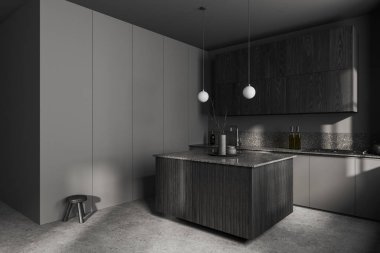 Bar adası, yemek köşesi, mutfak gereçleri ve rafları olan gri ev mutfağı. Minimalist mobilyalar ve dekorasyonlu yemek odası, gri beton zemin. 3B görüntüleme