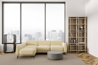 Beyaz oturma odasının içi kanepe ve kahve masası, şık sanat dekorasyonu ve kitapları olan ahşap bir raf. Paris gökdelenlerinde panoramik pencereli rahat bir yer. 3B görüntüleme