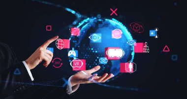 Dünya küresine dokunan iş adamı parmağı hologramı, parlayan sanal gerçeklik simgeleri. Siber uzay ve gelecek teknolojisi. Meta evren, yenilik ve yatırım kavramı