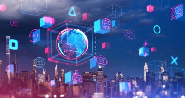 Geceleri New York silueti, sanal gerçeklik simgeleri, eğlence ve iş dünyasının parladığı sanal dünya küresi hologramı. Metaevren, geliştirme ve dijital hale getirme kavramı