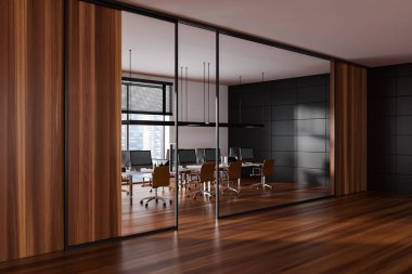 Beyaz ve ahşap duvarları, ahşap zemini ve sandalyeli bilgisayar masaları olan şık açık uzay ofisleri salonu. 3d oluşturma