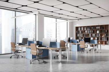 Beyaz duvarları, beton zemini, ahşap ve mavi bilgisayar masaları ve klasörlü kitaplıkları olan modern açık uzay ofisinin köşesi. 3d oluşturma