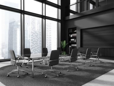 Modern ofis içi koltuklar ve cam tahta, gri beton zeminde yan manzara. Konferans köşesinde raf ve gökdelenlerde panoramik pencere var. 3B görüntüleme