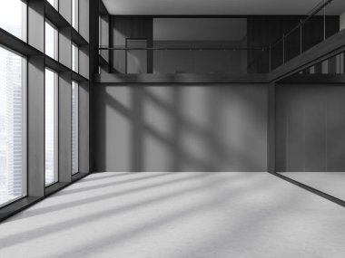 Gri ve ahşap duvarları, beton zemini, panoramik penceresi ve büyük gri duvarları olan şık bir ofis. 3d oluşturma