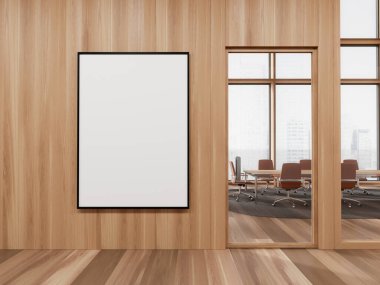 Cam kapılar, koltuklar ve gökdelenlerin panoramik pencereleri arkasında konferans masası olan şık bir ofis. İş koridoru ve ahşap duvardaki tuval posterleri. 3B görüntüleme