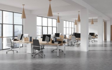 Sıranın üstünde koltuklar ve bilgisayar, yan görüş gri beton zemin ile birlikte açık alan eşleşmesi. Singapur 'da panoramik pencereli bir ofis odası. 3B görüntüleme