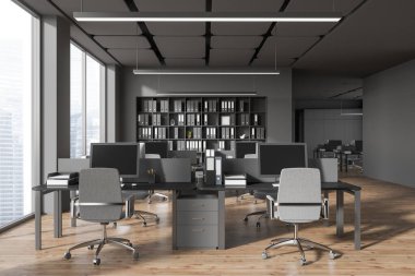 Gri duvarları, ahşap zemini, tahta ve gri bilgisayar masaları ve klasörlü kitaplıkları olan şık açık uzay ofisinin içi. 3d oluşturma