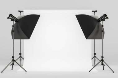Stüdyo ışıkları, boş beyaz arka planda profesyonel ekipmanlı fotoğraf stüdyosu. Tripod, yumuşak kutu, ayakta duran lamba, şemsiye ve spot ışıkları. 3B resimleme