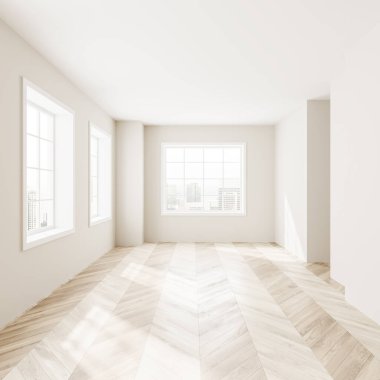 Beyaz duvarları, ahşap zemini ve büyük pencereleri olan boş bir oda. Yeni eve taşınma fikri. 3d oluşturma