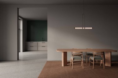 Gri duvarları, beton zemini, arka planda sandalyeleri ve mutfağı olan uzun ahşap masası olan şık bir yemek odası. 3d oluşturma
