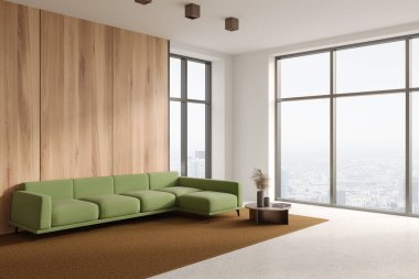 Beyaz ev içi rahat kanepe ve dekoratif kahve masası, beton zeminde yan manzara halısı. Paris manzaralı uzay ahşap duvarı ve panoramik pencereyi kopyalayın. 3B görüntüleme