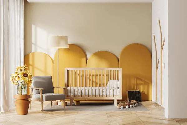 Gemütliche Babyzimmereinrichtung Mit Sessel Kinderbett Und Spielzeug Auf Teppich Hartholzboden — Stockfoto