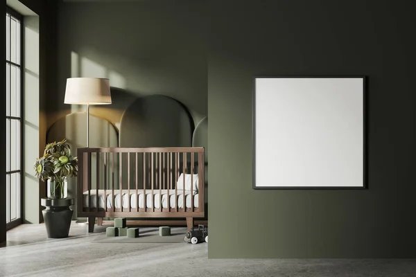 现代深绿色婴儿房的内部 带有木制婴儿床和玩具灰色混凝土地板 全景窗户和装饰 把方块帆布贴在隔板上 3D渲染 — 图库照片