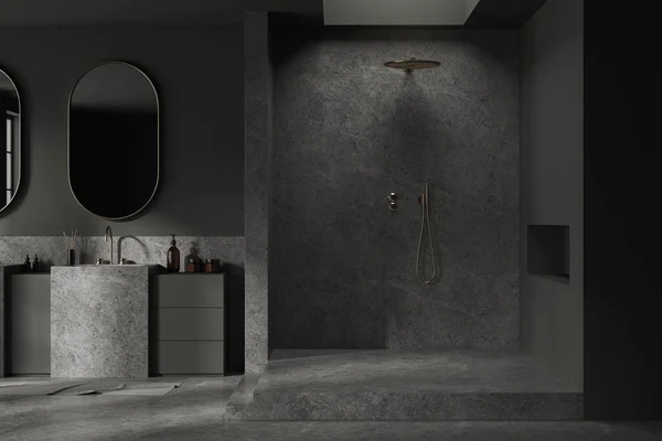Interieur Des Stilvollen Badezimmers Mit Grauen Wänden Betonboden Massivem Doppelwaschbecken — Stockfoto
