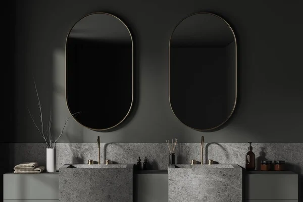 近景时尚浴室与灰色墙壁 两个巨大的水池和两个垂直的镜子悬挂在上面 3D渲染 — 图库照片