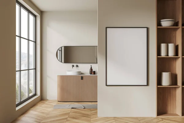 ベージュの壁 木製の床 木製キャビネットと楕円形の鏡の上に立って快適なラウンドシンクとモダンなバスルームのインテリア 縦型のモックアップポスター 3Dレンダリング — ストック写真