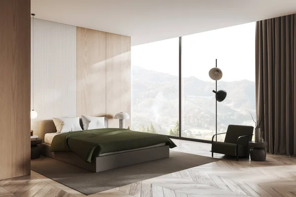 Wooden home bedroom interior bed on carpet, side view hardwood floor. Minimalist sleeping room corner and panoramic window on countryside. Copy space wall. 3D rendering