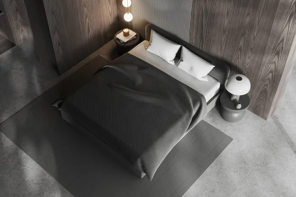 Top View Stylish Master Bedroom Gray Wooden Walls Concrete Floor — Stock Photo, Image