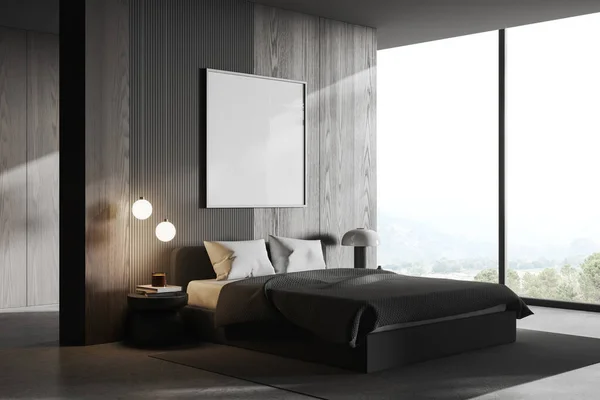 田舎の暗い木製の寝室のインテリアベッドとパノラマの窓 ミニマリストの装飾が施されたサイドビューのナイトスタンド 正方形のキャンバスのポスターをモックアップします 3Dレンダリング — ストック写真