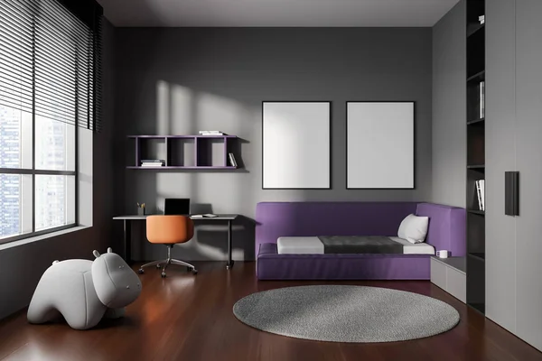 Interior Modern Child Bedroom Gray Walls Wooden Floor Comfortable Purple — Stock Photo, Image