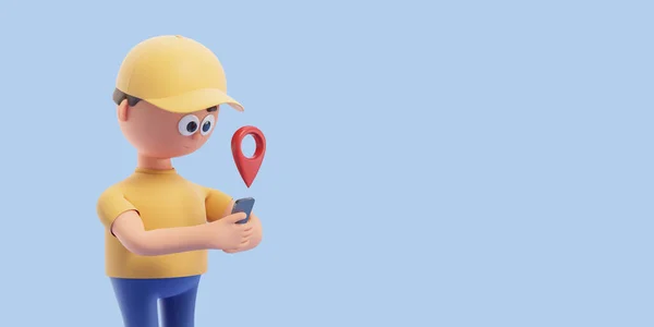 Cartoon Ταχυμεταφορών Άνθρωπος Smartphone Και Geotag Πάνω Από Αυτό Στέκεται — Φωτογραφία Αρχείου