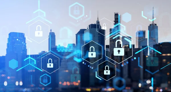 夜のニューヨークの高層ビル 南京錠のアイコンと世界的なネットワークセキュリティ 会社のブロックチェーンとサイバーセキュリティ テクノロジー プライバシー ビジネスデータ保護の概念 — ストック写真