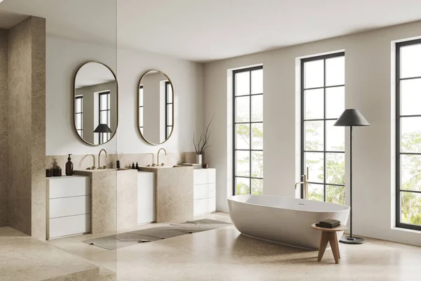 白色酒店浴室内部有双池和浴缸 侧景全景窗户在热带地区 浴角与现代设计 架子与配件和装饰 3D渲染 — 图库照片