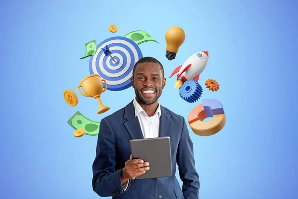Smiling Black Businessman Tablet Hand Colorful Start Icons Blue Background — Stock Photo, Image