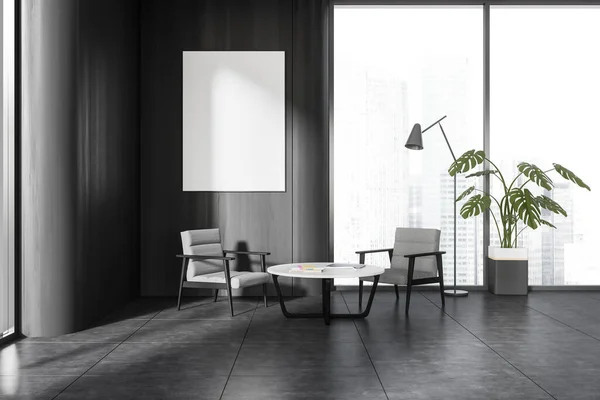 时尚的办公室候车室 有灰色的木制墙壁 铺了瓷砖的地板 两张舒适的扶手椅和圆形咖啡桌 垂直模拟海报 3D渲染 — 图库照片